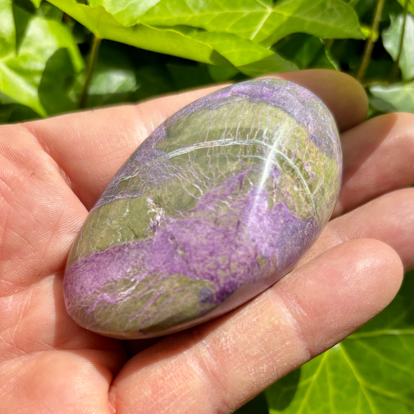 Stichtit i serpentin - palmstone | 7 cm Stichtit i serpentin - palmstone | 7 cm