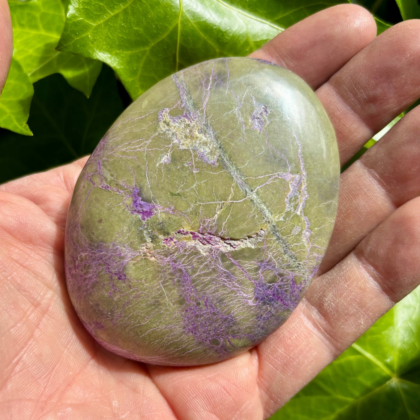 Stichtit i serpentin - palmstone | 9 cm Stichtit i serpentin - palmstone | 9 cm