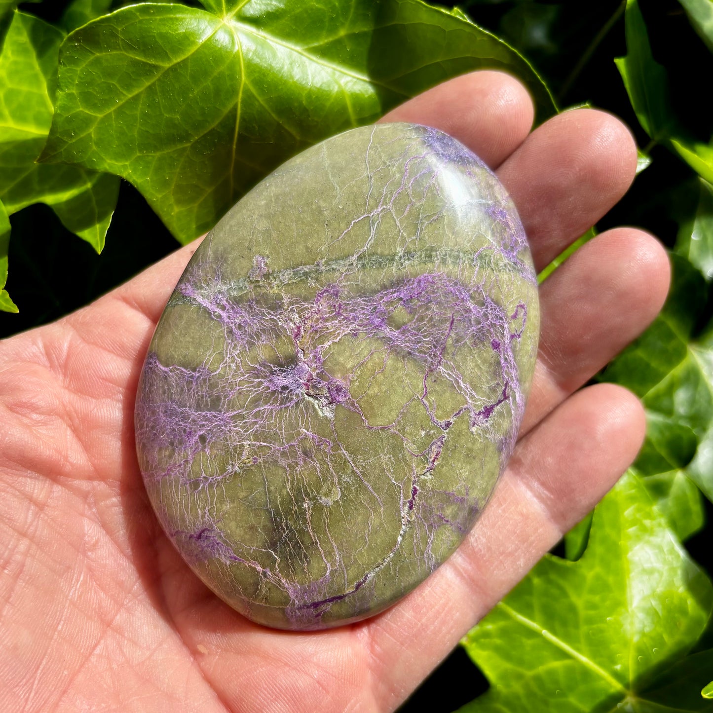 Stichtit i serpentin - palmstone | 9 cm Stichtit i serpentin - palmstone | 9 cm